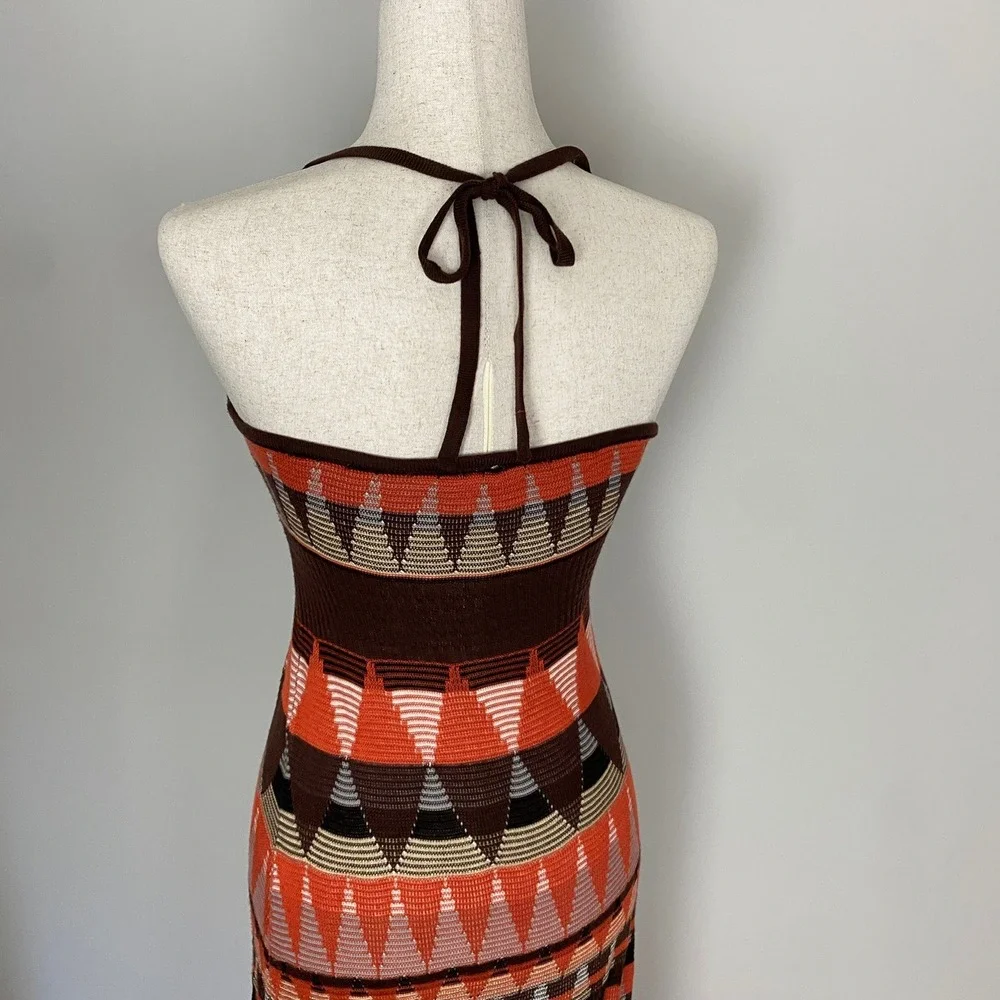 Arden B Geometric Knit Halter Maxi Dress Small Orange Boho Y2K Beachy - Picture 6 of 7
